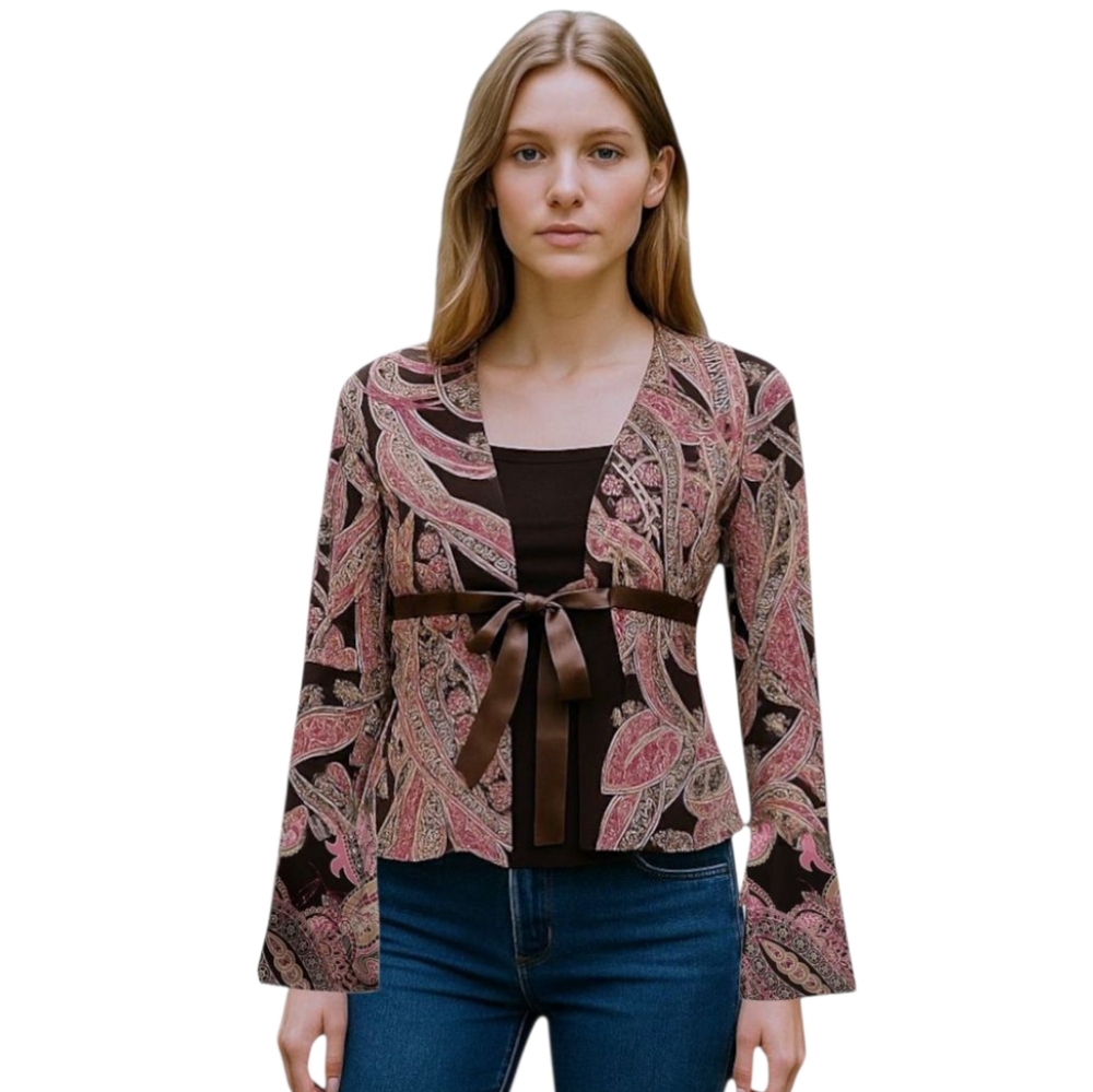 Vintage La Kohaki Glitter Tie Front Long Belled Sleeve Top